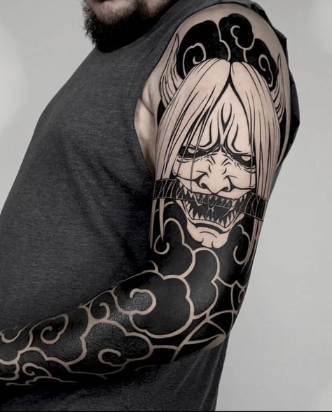 Hannya Maske Tattoo, Tato Irezumi, Hannya Maske, Japanese Mask Tattoo, Black Sleeve Tattoo, Oni Tattoo, Hannya Mask Tattoo, Forearm Band Tattoos, Blackout Tattoo