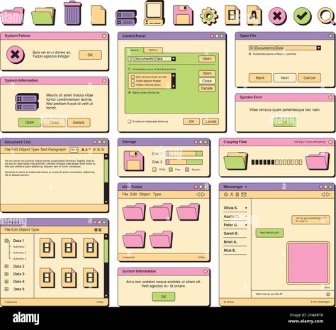 Download this stock vector: Web ui. 90s layout screen elements frame pages banners icons dividers and buttons garish vector ui templates - 2H48RY8 from Alamy's library of millions of high resolution stock photos, illustrations and vectors. Web Browser Aesthetic Template, 2000s Web Design, Web 1.0 Aesthetic, Old Web Design, 90s Website Design, 90s Web Design, Neubrutalism Ui, Y2k Web Design, 90s Website Aesthetic