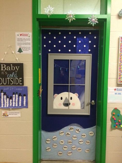 This is my preschool classroom door. My hubby built the frame of the window and put plexiglas for the window. He cut the bear out of High R sheeting and I covered the bear with batting. I used felt shapes as the elements of the bear. The light and dark blue are felt. The bottom "snow" is tulle. Class Room Door, Holiday Classroom Doors, Room Door Ideas, Winter Classroom Door, Classroom Door Decorating, Door Decorations Classroom Christmas, Holiday Door Decorations, Christmas Door Decorating Contest, Christmas Classroom Door