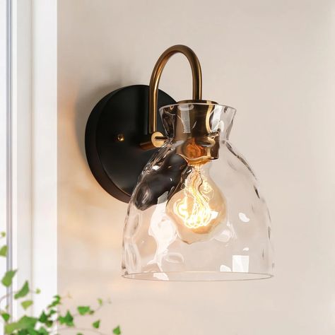 Elisie Modern Transitional 1-1ight Sconce Farmhouse Black Gold Wall Light with Water Glass - 1-light - Bed Bath & Beyond - 37507022 Farmhouse Wall Lighting, Farmhouse Wall Sconces, Gold Wall Lights, Sophisticated Bathroom, Edison Bulbs, Cozy Spaces, Bathroom Sconces, Brass Wall Light, Luminaire Mural