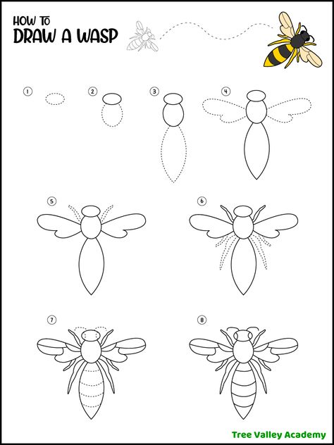 Easy step by step instructions on how to draw a wasp. 7 simple steps. Free printable one page pdf. How To Draw A Beetle Step By Step, How To Draw A Dragonfly Step By Step, How To Draw A Bee, How To Draw Step By Step Easy, Bee Drawing Simple, Wasp Drawing, Wasp Art, Bugs Drawing, Boredom Busters For Kids