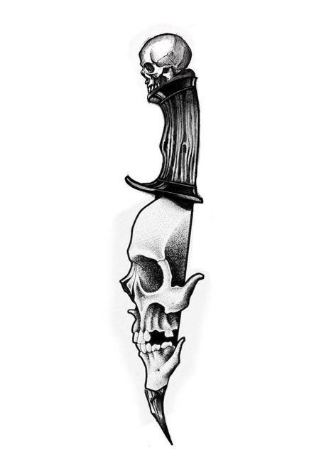 Knife Tattoo Drawing, Knife And Skull Tattoo, Skull And Dagger Tattoo Design, Skull Knife Tattoo, Knife Tattoo Design, Bow Hunting Tattoos, Pirate Skull Tattoos, Skull Knife, Tattoo Half Sleeve