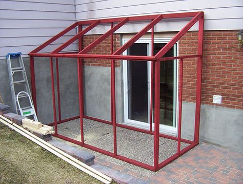 DIY temporary sun room ... with plastic shower curtain "windows" - EcoRenovator Sunroom Windows, Garden Room Extensions, Plastic Shower, Plastic Shower Curtain, Patio Enclosures, Room Extensions, House Extension Design, Glass Room, Greenhouse Plans