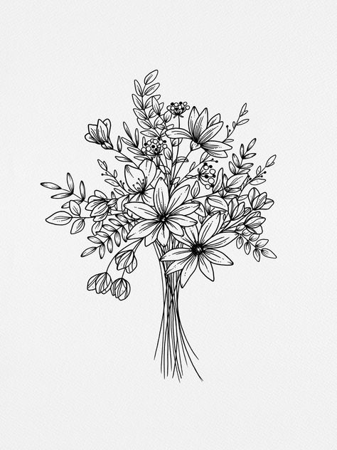 Wildflower Bouquet Art Print by WildBloom Art - X-Small Bouquet Line Drawing, Flower Bouquet Drawing, Wildflower Drawing, Flores Tattoo, Wildflower Print, Botanical Line Drawing, Bouquet Tattoo, Drawing Hands, Illustration Blume