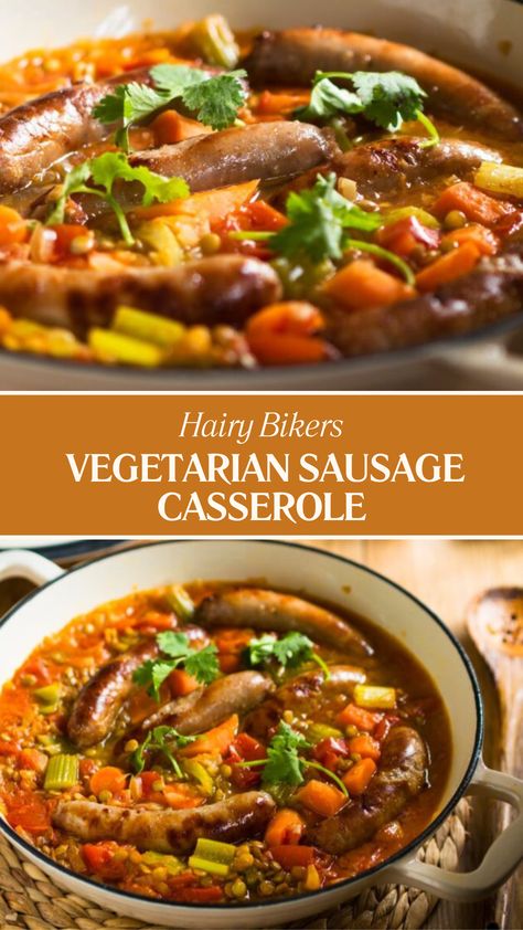 Hairy Bikers Vegetarian Sausage Casserole Hairy Bikers Recipes, Sausage Casserole Recipes, Vegetarian Sausages, Sausage Casserole, Gluten Free Potatoes, Vital Wheat Gluten, Tomato Vegetable, Meat Substitutes, Creamy Mashed Potatoes