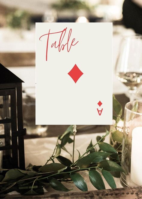 Instant Download.  Print your own PLAYING CARD THEMED wedding table numbers for your reception with this easy download. This design features script in black. Make your life easy with this pre-made template for your wedding day to keep things organized. This listing is for table numbers 2-10, J Q K A (DIAMOND) This is a digital download. Simply place your order on Etsy, and within minutes, you'll receive an email from Etsy to download your printable template. ❗You can't download a digital purchas Playing Card Place Cards, Vegas Wedding Must Haves, Playing Card Table Numbers, Casino Theme Table Decor, Casino Theme Wedding Reception, Casino Wedding Reception, Casino Royale Theme Party Decorations, Casino Wedding Theme, Casino Theme Wedding