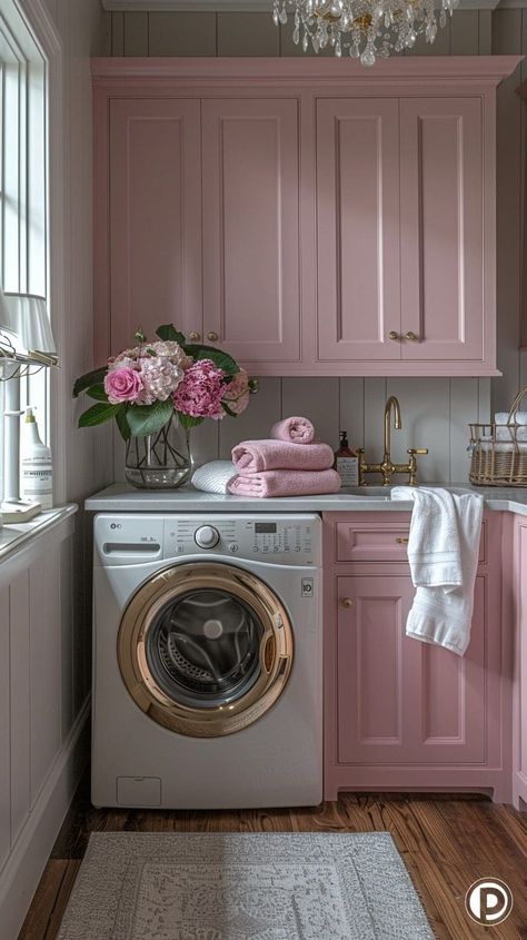 Pink Laundry Room Ideas, Pink Laundry Room, Elegant Laundry Room, Pink Laundry, Pink Laundry Rooms, Georgia House, Pastel Kitchen, Laundry Ideas, Pantry Room