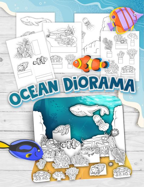 Under The Sea Habitat Project, Ocean Animals Printables, Ocean Life Activities, Ocean Arts And Crafts, Ocean Diorama Project, Sea Animals Craft, Ocean Diorama, Aquarium Craft, Ocean Backdrop