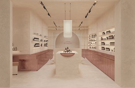 Cosmetics store 80 on Behance Inteior Design, Wabi Sabi Interior Design, Pharmacy Decor, Wabi Sabi Interior, Cosmetics Store, Interior Design Guide, 3d Studio, Store Design Interior, Store Interior