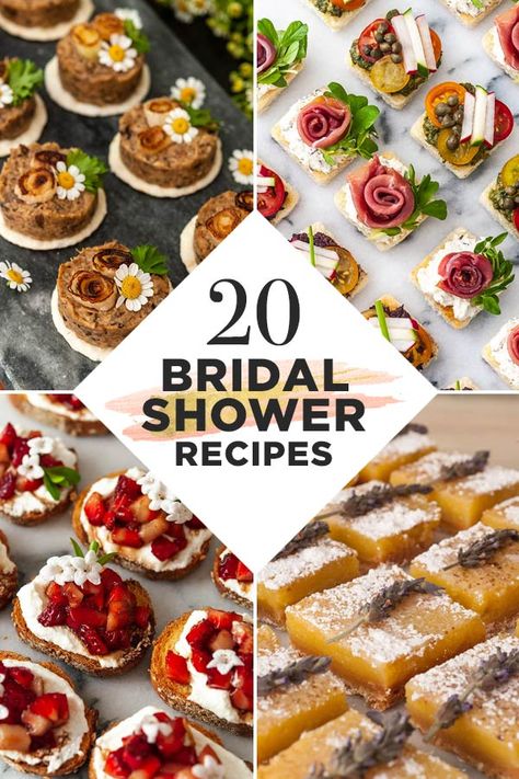 Here you’ll find 20 appetizers, cocktails and sweet treats for a perfectly lovely bridal shower! They’re so incredibly tasty that you’ll impress even the pickiest mother-in-law! They’re also pretty, so easy and delightfully colorful too. Food For Wedding Shower Appetizers, Pretty Appetizers Finger Foods, Bridal Shower Food Skewers, Bridal Shower Silverware Ideas, Appetizers For Bridal Shower Easy, Wedding Shower Orderves, Easy Diy Wedding Appetizers, Fall Bridal Shower Lunch Ideas, Shower Sandwiches Bridal