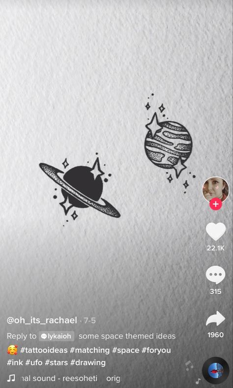 Celestial matching tattoo idea Matching Tattoo Idea, Matching Cousin Tattoos, Jupiter And Saturn, Cousin Tattoos, Harry Tattoos, Maching Tattoos, Saturn Tattoo, Cute Matching Tattoos, Matching Friend Tattoos