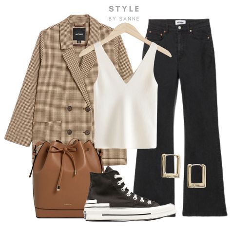 Cute blazer, white top, black jeans, brown bag and black sneakers. 🤍 Click on the link to shop the look! Brown Checkered Blazer Outfit, Checkered Blazer Outfit, Blazer Look, Outfits Primavera, Checkered Blazer, Brown Checkered, Cute Blazers, Blazer White, Jeans Brown