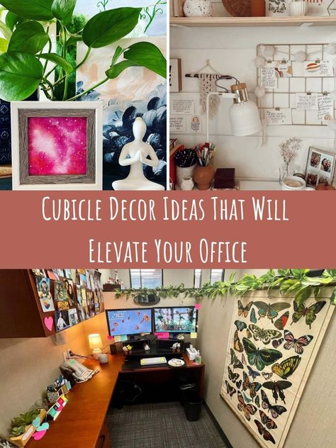 Best Cubicle Decor Ideas That Will Elevate Your Office - PinkPopDesign Boho Office Cubicle Decorating Ideas, Decorated Office Cubicles, Cubicle Wall Fabric, Cubical Office Decor Ideas, Cubicle Gallery Wall, Relaxing Cubicle Decor, Decorate Cubicle At Work Cozy, Small Office Cubicle Decor, How To Decorate Office Cubicle