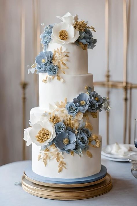 White Blue Gold Color Palette, Wedding Dusty Blue And Gold, Steel Blue Wedding Cake, Dusty Blue Gold Wedding Theme, Dusty Blue And Gold Wedding Decorations, Champagne And Dusty Blue Wedding, Gold And Light Blue Wedding, Wedding Cakes Dusty Blue, Dusty Blue And Gold Wedding Theme