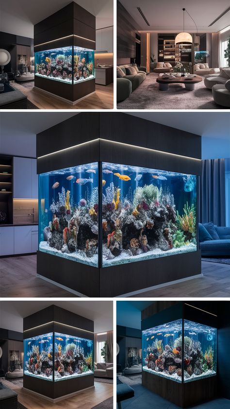 Aquarium Design Ideas: Wall Divider Elegance Library Aquarium, Modern Fish Tank, Aquarium Design Ideas, Aquarium Wall, Fish Tank Wall, Wall Dividers, Luxury Living Room Inspiration, Glass Fish Tanks, Big Aquarium