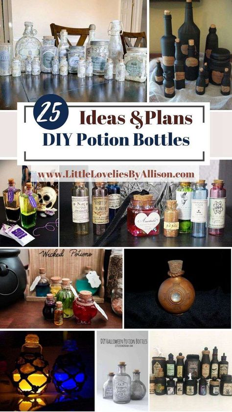 25 DIY Potion Bottles: How To Make A Potion Bottle Like A Pro Potion Bottle Diy Halloween, Diy Potion Book How To Make, Halloween Glass Potion Bottles Diy, What To Put In Potion Bottles, Diy Halloween Glass Bottles, Diy Witches Lair, Potion Bottle Decorations, Potion Bottle Decor, Fake Potion Bottles