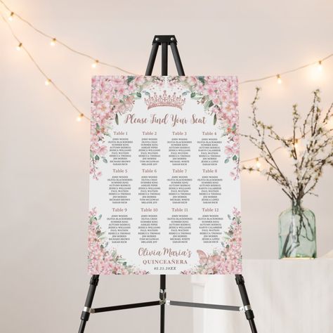 Seating Chart Quince, Seating Chart Birthday Party, Quince Seating Chart, Quinceanera Seating Chart, Rose Gold Quinceanera Decorations, Rose Gold Quinceanera Theme, Pink Seating Chart, Gold Quinceanera Theme, Debut Themes