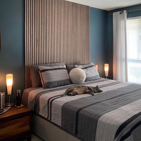 The Wood Veneer Hub on Instagram: “When using the Acupanel for a headboard there are a couple of options. Either install them horizontally part way up the wall or you can use…” Wood Panel Bedroom, Paneling Makeover, Upholstered Wall Panels, Design Hall, Wall Panels Bedroom, Bed Headboards, Feature Wall Bedroom, Upholstered Walls, Apartment Stuff