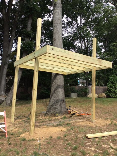 An example of a level platform for treehouse with three posts to ensure that your backyard retreat is stable. Pergola Built Around Trees, Treehouse With Deck, Treehouse Plans Diy, Easy Treehouse Ideas, Tree Deck Platform, Tree House Playground, Backyard Treehouse, Simple Tree House, Treehouse Ideas