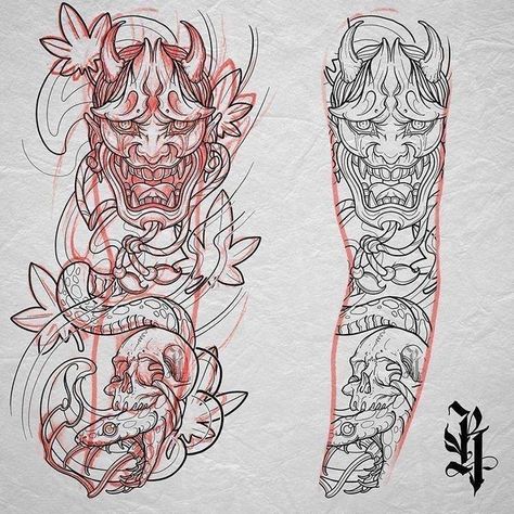 Hannya Maske Tattoo, Snake Sleeve, Traditional Japanese Tattoo Sleeve, Samurai Tattoo Sleeve, Oni Tattoo, Tattoo Japanese Style, Hanya Tattoo, 16 Tattoo, Samurai Tattoo Design