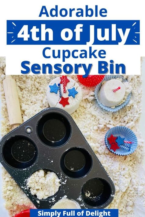 4th Of July Sensory Bin, July Sensory Bin, Sensory Bin For Preschoolers, Patriotic Cupcake, Patriotic Activities, Patriotic Cupcakes, Moon Sand, America Birthday, 4th July Crafts