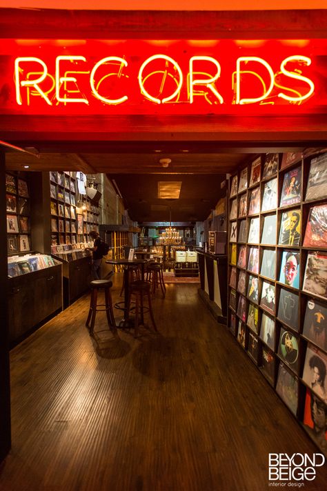 Beyond Beige Interior Design | beyondbeige.com | Record Shop Vinyl Cafe Design, Record Store Interior Design, Vinyl Store Design, Retro Record Store, Record Store Interior, Vintage Cafe Interior Design, Record Shop Aesthetic, Vintage Record Shop, Music Interior Design