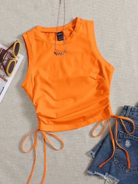 SHEIN Drawstring Ruched Side Crop Tank Top | SHEIN USA Bright Colors Fashion, Adrette Outfits, Orange Crop Top, Summer Outfits For Teens, Cute Preppy Outfits, Crop Top Outfits, Cute Crop Tops, Crop Tank Top, Simple Trendy Outfits