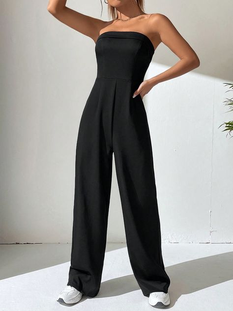 Black Elegant Collar Sleeveless Fabric Plain Tube Embellished Non-Stretch  Women Clothing Tube Jumpsuit, Black Jumpsuit, Overalls, Jumpsuit, My Style, Collar, Clothes For Women, Dresses, Clothes