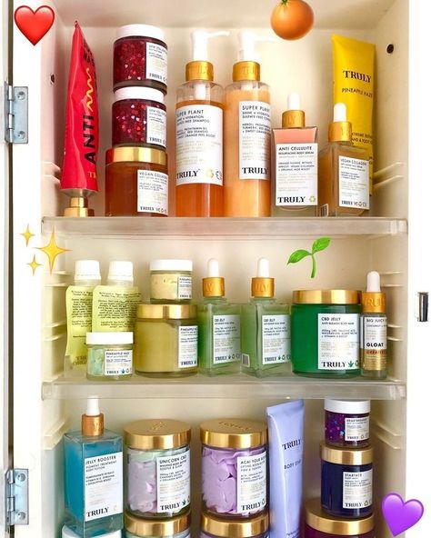 Rainbow Skincare Aesthetic, Mackup Products Photo, Rainbow Beauty Products, Skincare Aesthetic Products, Truly Products, Skin Care Shelf, Truly Skincare, Colorful Skincare, Truly Aesthetic