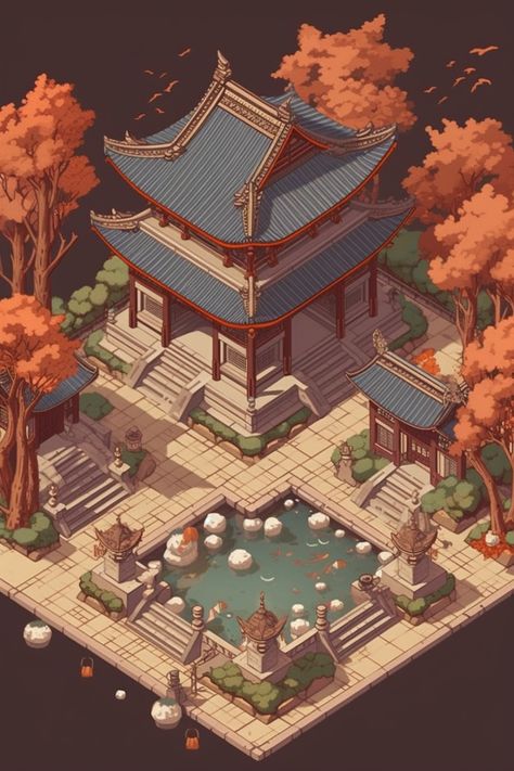 Japanese Environment Art, Traditional Japanese Village Art, Japanese Isometric Art, Japanese Town Concept Art, Japanese Traditional Village, Japanese Temple Concept Art, Isometric Japanese House, Japanese Shrine Concept Art, Japanese Village Concept Art