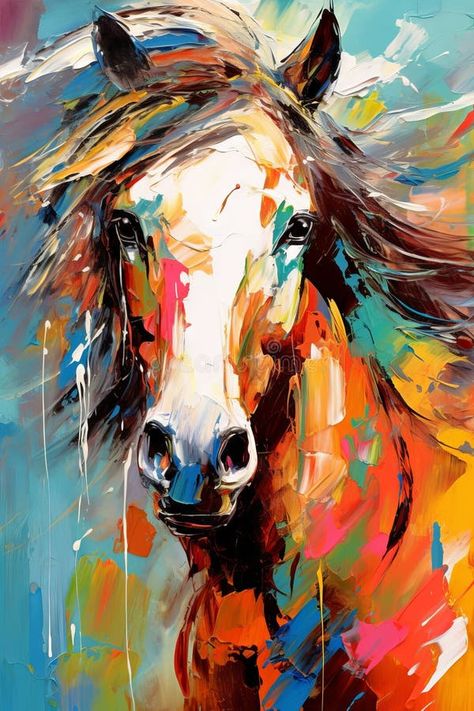 Colorful impressionistic oil painting of a horse on a vibrant background. Concept of equine art, abstract animal art royalty free stock images Art Horses Painting, Abstract Western Art, Horse Abstract Painting, Contemporary Horse Paintings, Equine Art Abstract, Horse Paintings Acrylic, Western Art Paintings, Abstract Horse Art, Vibrant Background