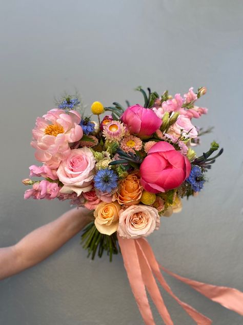 Bridal Bouquet Summer Peonies, Colorful Peony Bouquet, Winter Bride Bouquet, Snapdragon Wedding, Snapdragon Bouquet, Colourful Bridal Bouquet, Love In The Mist, Elopement Bouquet, Coral Peony