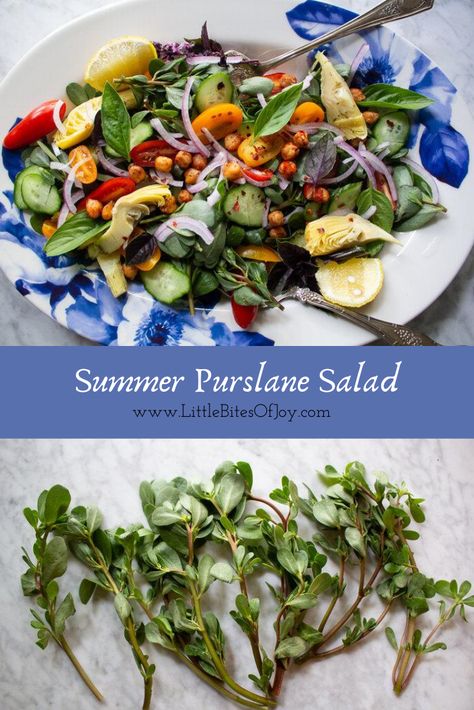 Summer Purslane Salad - Little Bites Of Joy Vegan Stuffed Shells, Half And Half Recipes, Tahini Recipe, Diy Desserts, Eat Seasonal, Summer Fresh, Tahini Dressing, Pickled Red Onions, English Cucumber