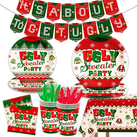 PRICES MAY VARY. 🎅【UGLY SWEATER】We've prepared attractive Christmas tableware kit! You will get 142pcs ugly sweater party tableware supplies, 1piece banner,1piece tablecloth,20pcs 9"plates,20pcs 7"plates,20pcs 9oz cups,20pcs knives,20pcs forks and 40pcs napkins.We match the supplies you need at one time. 🎄【UNIQUE】Full of strong Christmas style. We've used the classic red and green colors, designed a variety of sweater patterns.Banner,tablecloth,tableware all use the same series of elements.Uni Ugly Sweater Party Food, Ugly Sweater Party Decorations, Ugly Sweater Party Ideas, Ugly Christmas Sweater Party Ideas, Party Themes For Adults, Christmas Plate Set, Rocket Party, Adult Party Themes, Christmas Props