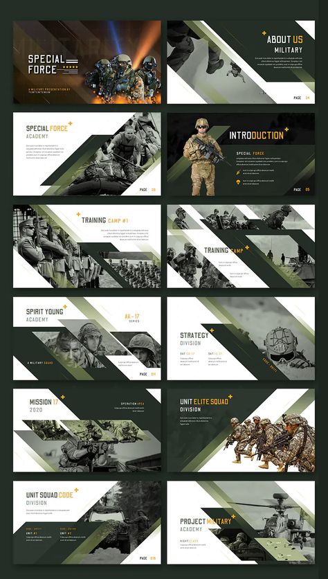 Special Force - PowerPoint Template. 30 unique slides Templets Design Layout, Army Graphic Design, Military Powerpoint, Modern Powerpoint Design, Army Design, Best Presentation Templates, Mẫu Power Point, Ui Design Principles, Presentation Design Layout