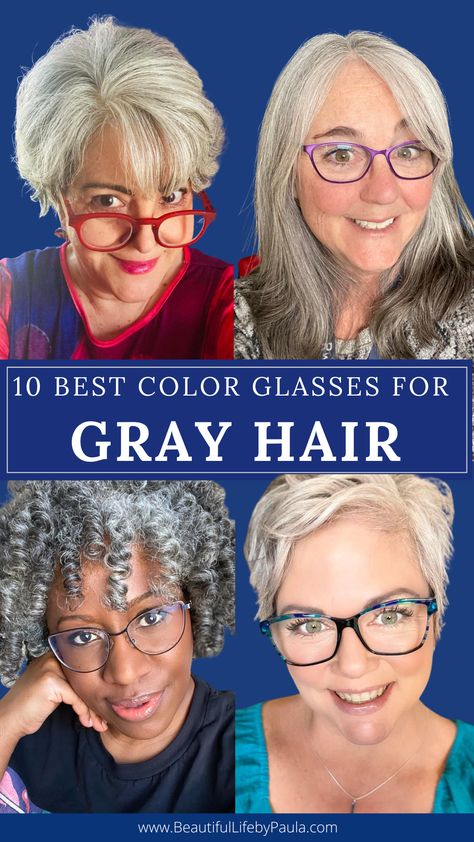 Check out the 10 best color glasses frames for gray hair so you look fabulous! You'll never wonder what color glasses look good with gray hair again! | glasses for gray haired women | grey hair and glasses Glasses With Grey Hair Older Women, Glasses For Short Grey Hair, Hairstyles For Gray Hair Over 50 New Looks, Eyeglasses For White Hair Women, Best Color Glasses For White Hair, Glasses Frames Grey Hair, Eyeglasses For Women With Gray Hair, Glasses For White Haired Women, Gray Hair And Glasses Over 50