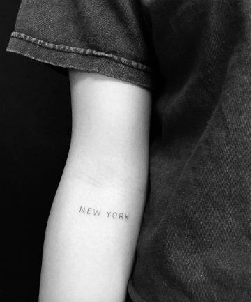 City Love Inner Elbow Tattoos, Tattoo Word Fonts, Simple Heart Tattoos, Small Chest Tattoos, Typography Tattoo, New York Tattoo, Nyc Tattoo, Single Needle Tattoo, City Tattoo