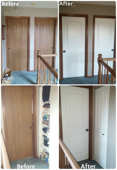 Dark Wood Trim White Doors, White Door Dark Trim, White Doors With Stained Trim, White Doors Brown Trim, White Door Brown Trim, Dark Trim With White Doors, White Door With Oak Trim, White Doors Oak Trim, Dark Trim Light Doors