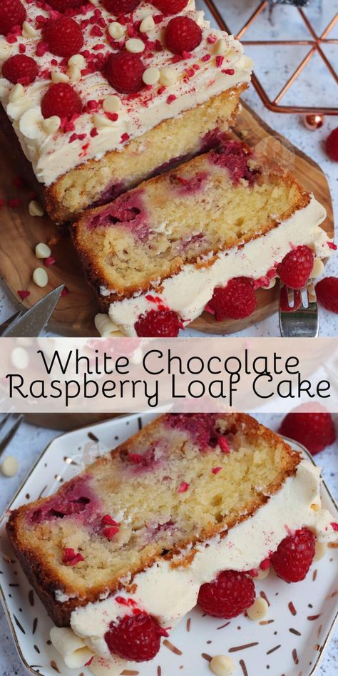 White Chocolate Raspberry Loaf Cake! - Jane's Patisserie Raspberry Loaf Cake, Raspberry Loaf, White Chocolate Buttercream Frosting, White Chocolate Raspberry Cake, Janes Patisserie, Cake With White Chocolate, Resipi Kek, White Chocolate Buttercream, Mini Torte