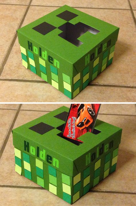 Minecraft creeper Valentine's Box for boys. Valentine's Day craft. Valentine Boxes For Boys Diy, Valentine Boxes For Boys, Minecraft Valentine, Minecraft Valentines, Diy Valentines Box, Valentine Boxes For School, Kids Valentine Boxes, Valentine Card Box, Hadiah Valentine