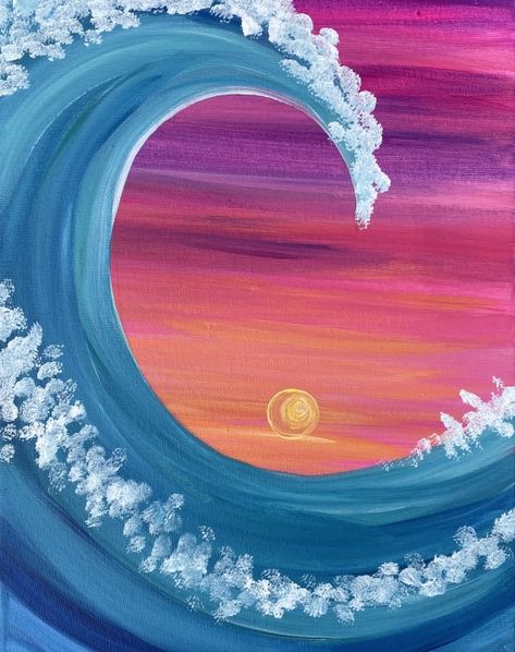 IMG_0075 Painting Ideas Ocean Sunset, Wave Painting Simple, Fun Simple Painting Ideas, Painting On Tiny Canvas, Tropical Painting Ideas Easy, Easy Painting Ideas Beach, Beach Theme Canvas Painting, Cute Beach Paintings Easy, Ocean Themed Paintings Easy