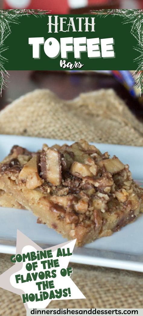 Heath Toffee Bars – these English Toffee Bars have an almost brown sugar shortbread crust topped with crushed toffee and pecans for a delicious holiday treat! Heath Candy Desserts, Heath Bar Chips Recipes, Heath English Toffee Bits Recipes, Heath Pieces Recipes Toffee Bits, Heath Bits Recipes, Toffee Bits Recipe, Candy Bar Desserts, Heath Bar Cookies, Heath Candy