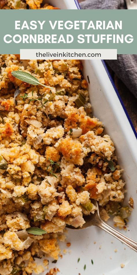 This vegetarian cornbread stuffing is the best side dish to have at Thanksgiving! Easy to make vegan and gluten-free, this savory recipe will easily become one of your favorites. Vegetarian Dressing Thanksgiving, Stuffing Recipes Vegetarian, Vegetarian Stuffing Recipes, Meatless Stuffing, Vegetarian Cornbread, Gluten Free Stuffing Thanksgiving, Vegan Stuffing Recipe, Vegetarian Thanksgiving Sides, Vegetarian Stuffing Recipe