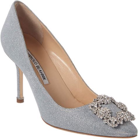 Manolo Blahnik Hangisi Notturno Bride 90 Metallic Fabric Pump Formal Pumps, Manolo Blahnik Hangisi, Manolo Blahnik Heels, Glitter Pumps, Silver Pumps, White Pumps, Metallic Fabric, Glitter Fabric, Court Shoes