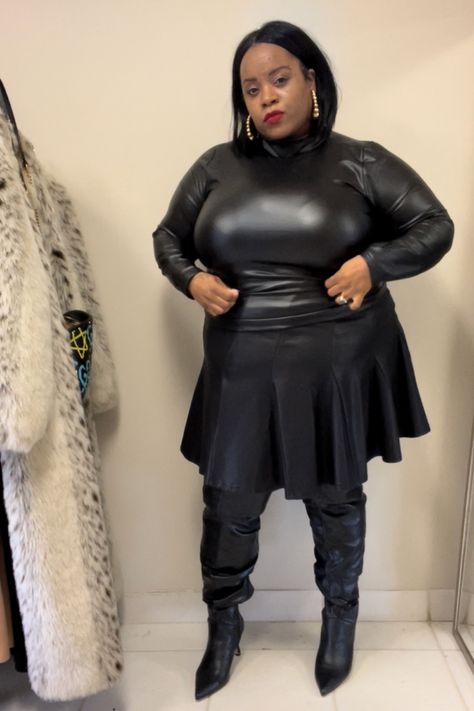 Plus size leather outfit, plus size Winter outfit, plus size date night outfit Plus Size Skater Outfit, Leather Outfit Plus Size, Winter Outfit Plus Size, Winter Outfit Plus, Curves Outfit, Faux Leather Outfit, Plus Size Winter Outfit, Plus Size Date, Plus Size Date Night