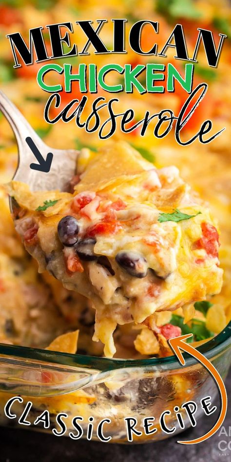 Only 10 ingredients and 30 minutes in the oven, and you're family will be enjoying this delicious Mexican Chicken Casserole! Queso Chicken Recipes, Mexican Chicken Casserole Recipes For Dinner, Mexican Rice Casserole Chicken, Queso Chicken Casserole, Mexican Chicken Bake Recipes, Easy Chicken Burrito Casserole, Mexican Chicken Enchilada Casserole, Baked Mexican Chicken Recipes, Mexican Food Recipes With Chicken