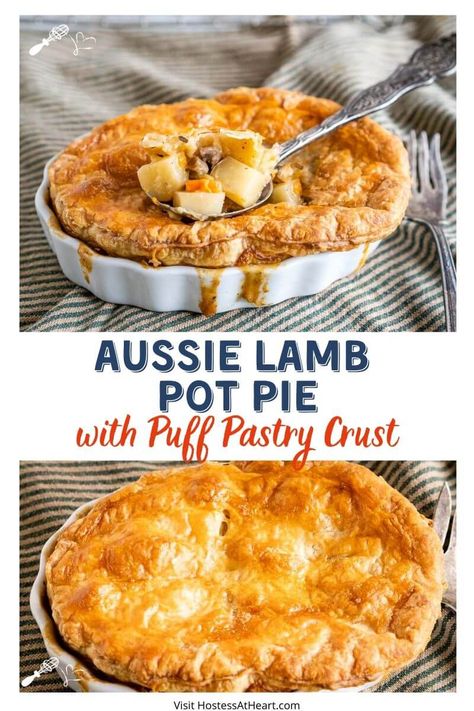 Lamb Pot Pie with Puff Pastry Crust combines a rich and creamy lamb filling with a buttery crust. This recipe is simply delicious and easy to make. #sponsored #simplyspring, #beaussome #aussielamb @aussiebeefandlamb #lambrecipe #easylambrecipe #easterrecipe Lamb Pot Pie Recipe, Lamb Pot Pie, Pot Pie With Puff Pastry, Easy Lamb Recipes, Pie With Puff Pastry, Lamb Pie, Lamb Casserole, Puff Pastry Crust, Beef Meals