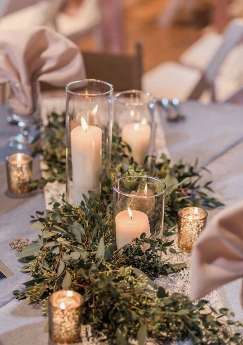 Glass Candle Centerpieces Wedding, Wedding Outdoor Centerpieces, Lanterns And Candles Wedding, Candle Ideas For Wedding Tables, Fake Candle Centerpieces Wedding, French Inspired Centerpieces, Boho Modern Table Setting, 2023 Wedding Trends Decor, Acorn Wedding Decor