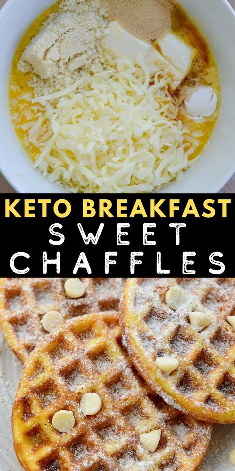 These Sweet Chaffles are perfect for a low-carb breakfast, snack, or dessert! Cheesy waffles are soft, fluffy, and packed with sugar-free white chocolate chips for a treat around 1 net carb each. Breakfast Chaffles Recipe Keto Easy, Blueberry Chaffles Keto, Chaffle Breakfast Sandwiches, Low Carb Breakfast Ideas No Eggs, Bariatric Soft Diet Recipes, Sweet Chaffles Recipe Keto Easy, Keto Waffles With Cream Cheese, Sweet Chaffle Recipes Easy, Keto Chaffles Low Carb Breakfast