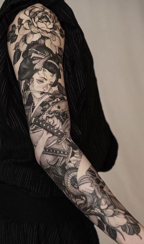 12 Popular Tattoo Styles Any Artist Should Know Tattoo Snake Sleeve, Pen Sketch Tattoo, Blackwork Tattoo Sleeve Men, Geisha Full Sleeve Tattoo, Black Work Snake Tattoo, Gothic Arm Sleeve Tattoo, Illustrative Tattoo Sleeve, Black Work Tattoo Sleeve, Full Sleeve Japanese Tattoo